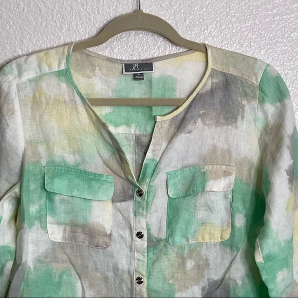 JM Collection Linen Abstract Print Button Down Shirt 4 - Picture 3 of 9